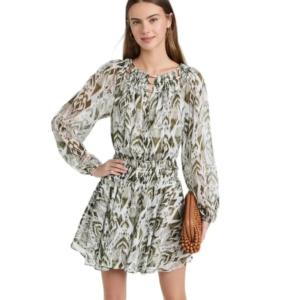 NWT MISA Mercy Ikat Print Mini Dress with Cutouts Green and White Size S